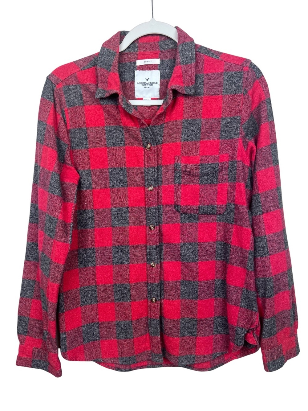 American Eagle Red and Gray Buffalo Plaid Button-Up Shirt Slim Fit Flannel M